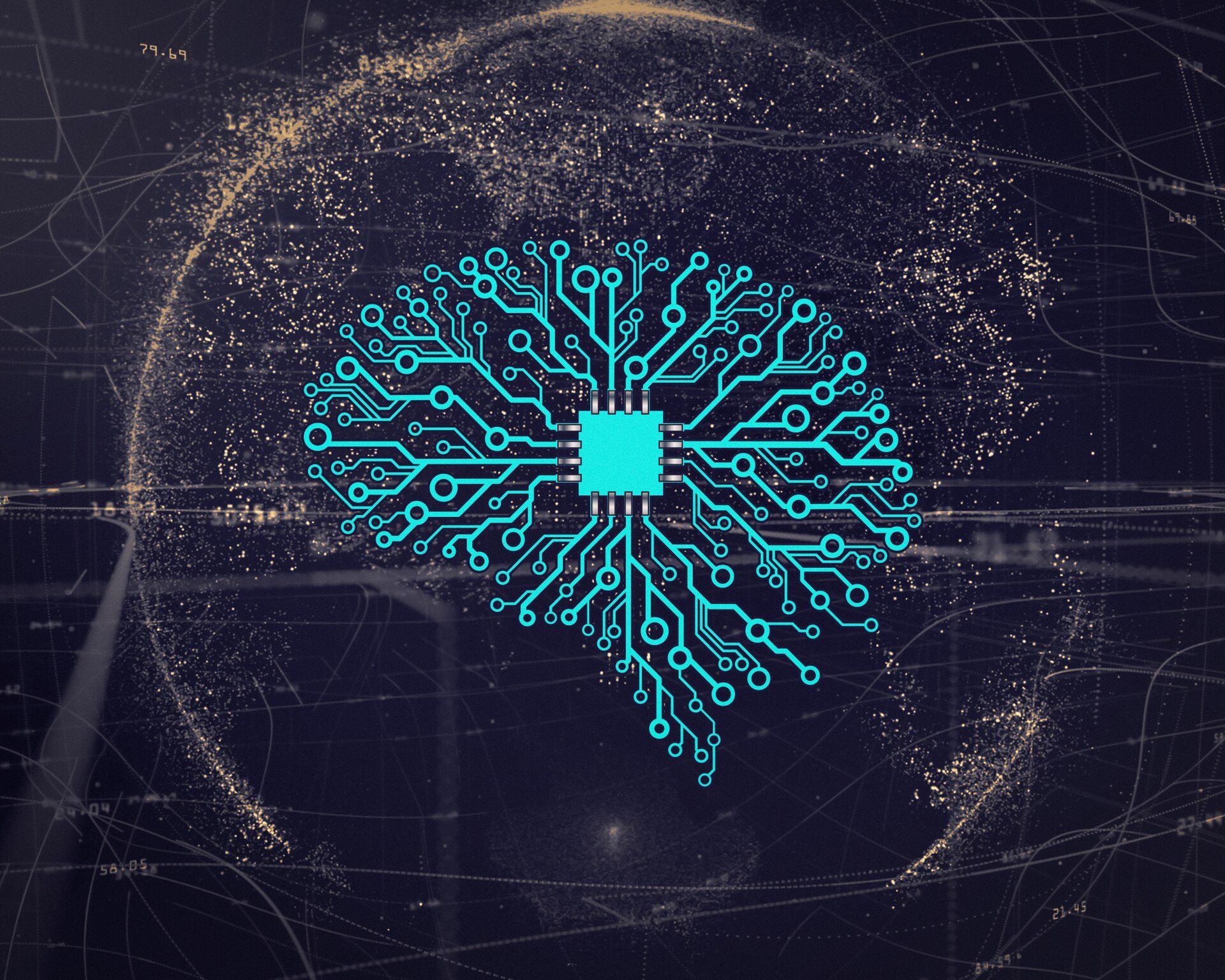 Illustration of a glowing AI neural network and processor chip, representing Zerobitone's AI software development work